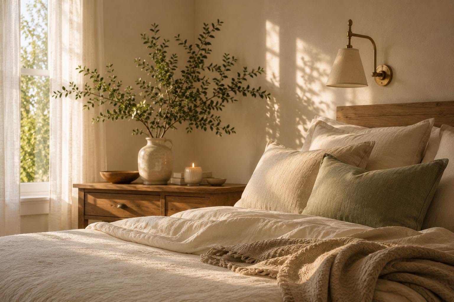 Warm sunlight falling across a softly layered bed and fresh greenery
